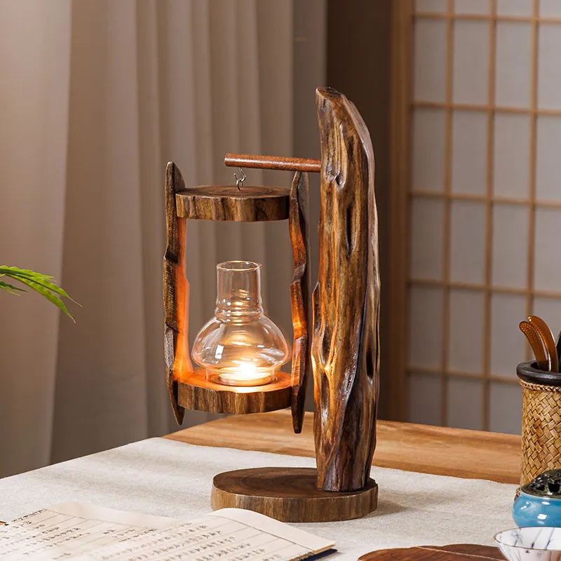 Log wind lamp retro creative candle holder outdoor windproof horse lamp study tabletop candle base zen ornament