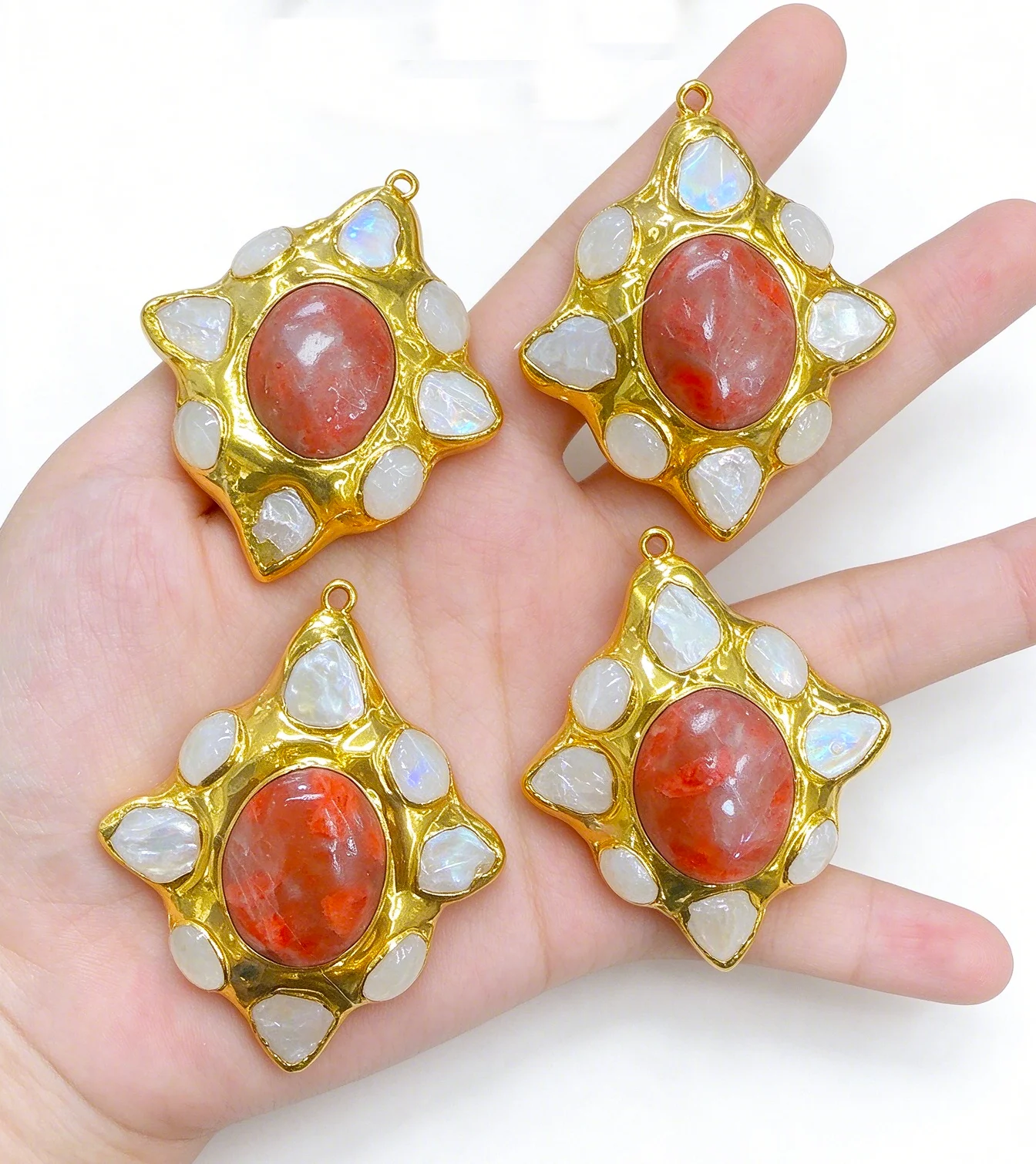 2 Pcs Natural White Coin Pearl Mix Red Cat eye Gold Edged Pendant Necklace Jewelry DIY