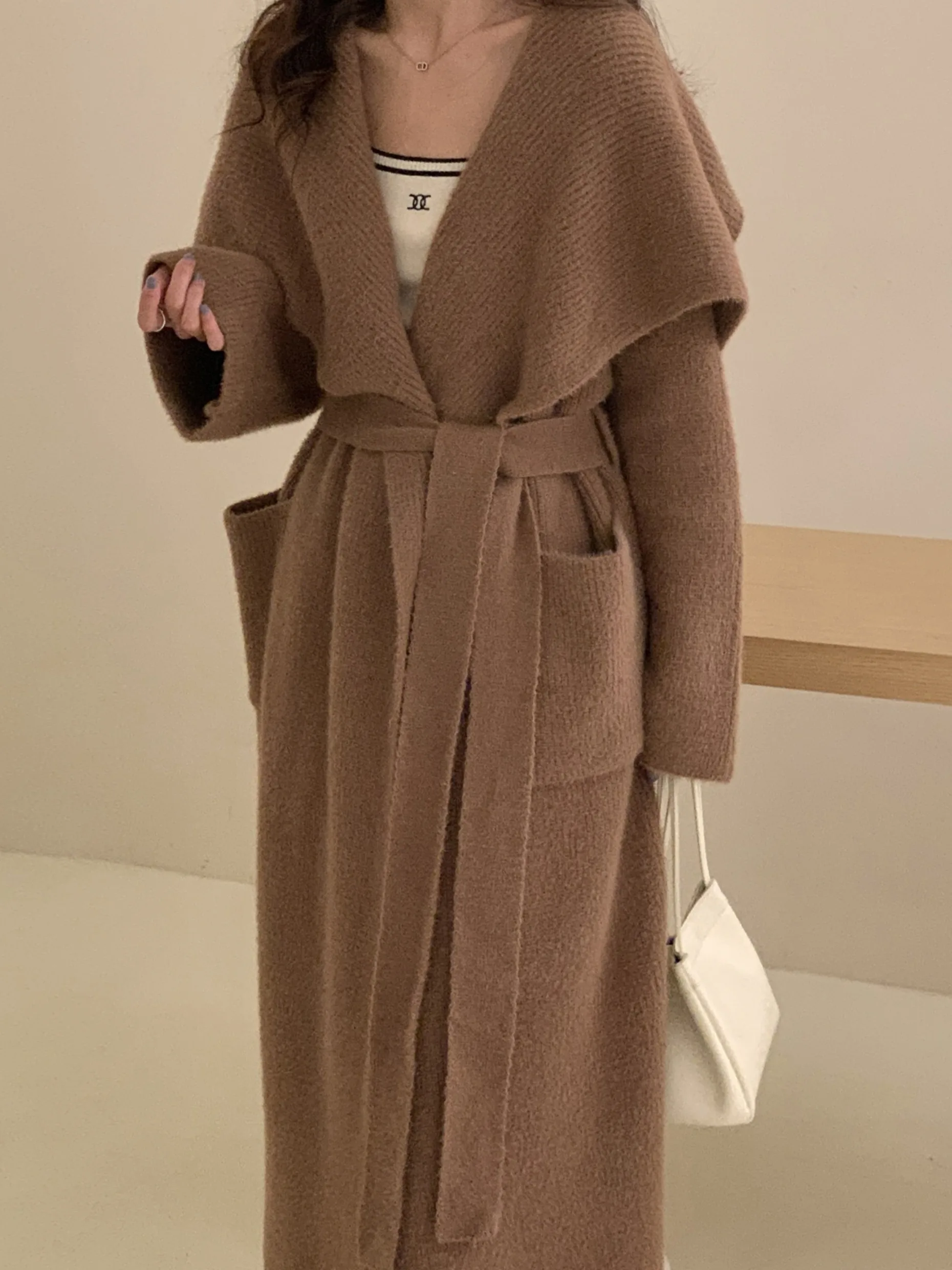 

Korean Sle Loose Long Knitted Sweater Coat for Women with Large Collar Belted Thi Casual Coat Robe Sle Autumn Winter