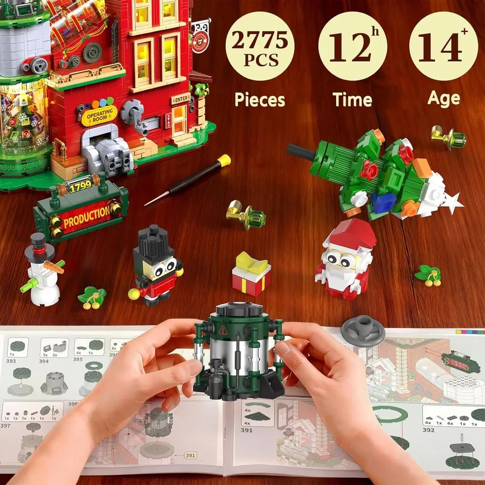Set da 2775 pezzi di costruzione di villaggi natalizi luminosi per tutte le età, kit per case natalizie fai da te, esposizione da collezione e regalo