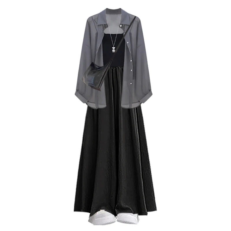 طقم ملابس نسائي صيفي 2025 مكون من ثلاث قطع، توب بأكمام قصيرة واسعة وعصري وبنطلون مكشكش، بتصميم كوري أنيق ومريح. #2