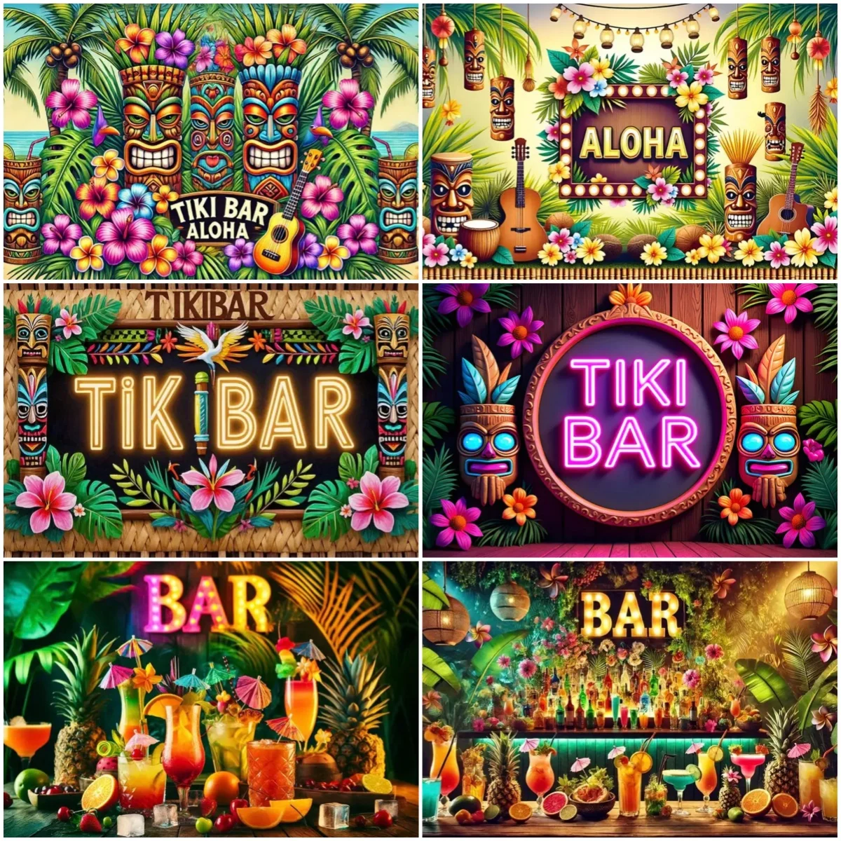 

Tropical Tiki Bar Party Decoration Backdrop Vibrant Hawaiian Flower Totem Banner Summer Palm Leaf Photography Background Studio