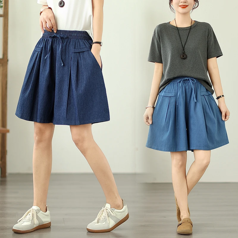 

Повседневная широкая джинсовая одежда с эластичной резинкой на талии, пляжная одежда, голубая пятиточечная юбка-брюки, летние модные женские джинсы