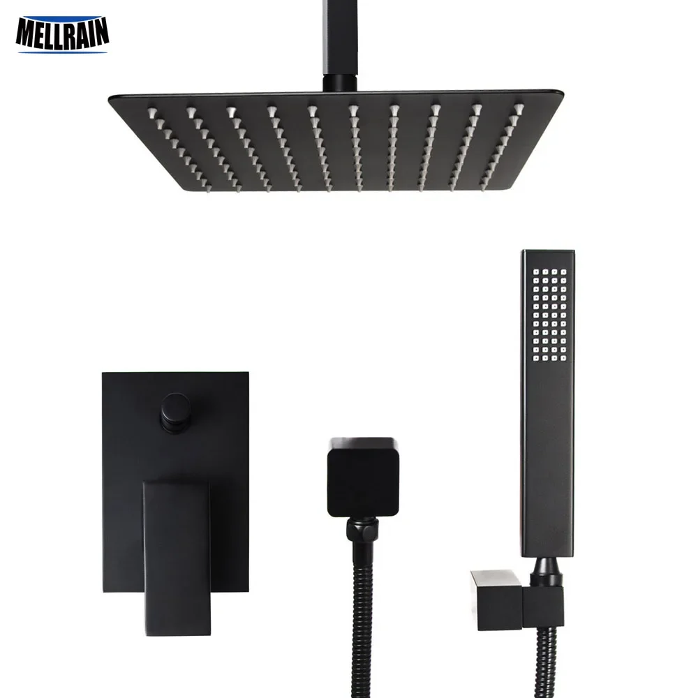 Bathroom square design in ceiling mounted shower set black plated bath diverter mixer faucet 8/10/12 inch rain shower head