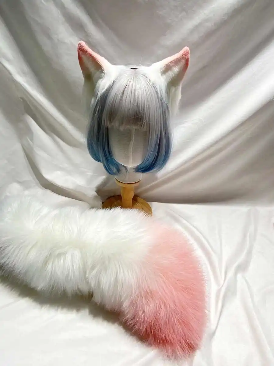 Handmade Fox Ears Tail Set Furry Faux Fur, Grey White Pink Fox Ears Hairband Fox Tail Fursuit Party Cosplay Fox Halloween Costum