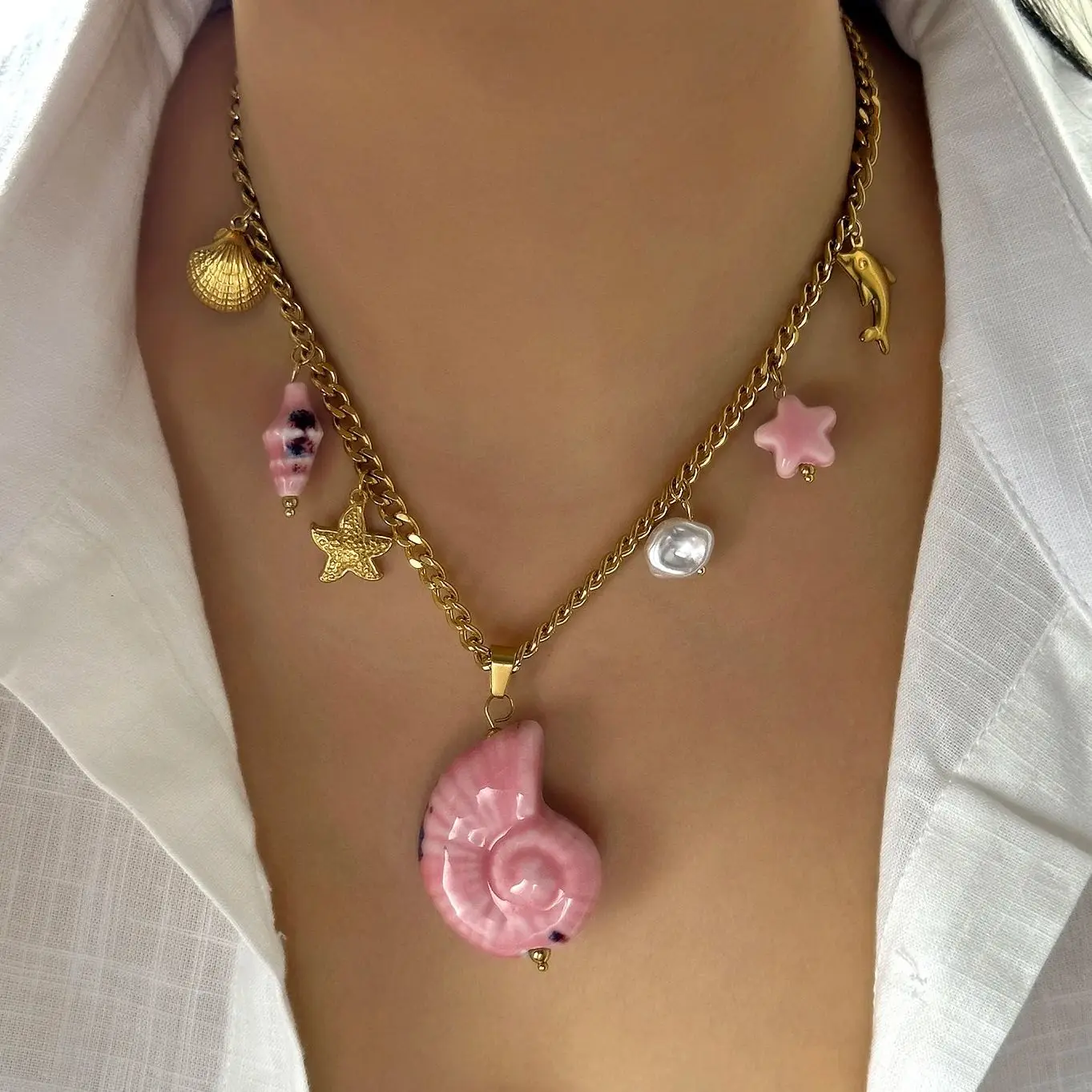 

Stainless Steel Ceramic Starfish Conch Pendant Necklaces for Women Fashion Handmade Seashell Necklaces Friendship Jewelry Gift