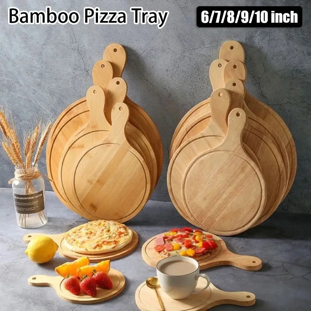 1Pcs Stone Cutting Bamboo Pizza Tray Platter Cake Bakeware Wooden Pizza Board Round with Handle 6/7/8/9/10 Inch Baking Tray