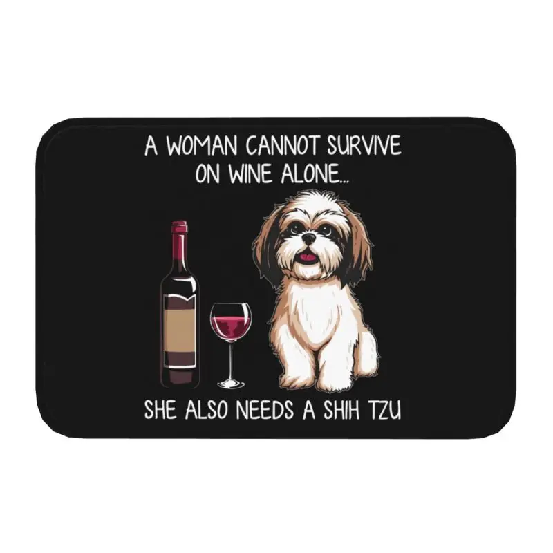 Cute Shih Tzu Dog And Wine Doormat Anti-Slip Bathroom Kitchen Mat Garden Garage Door Floor Entrance Carpet Rug