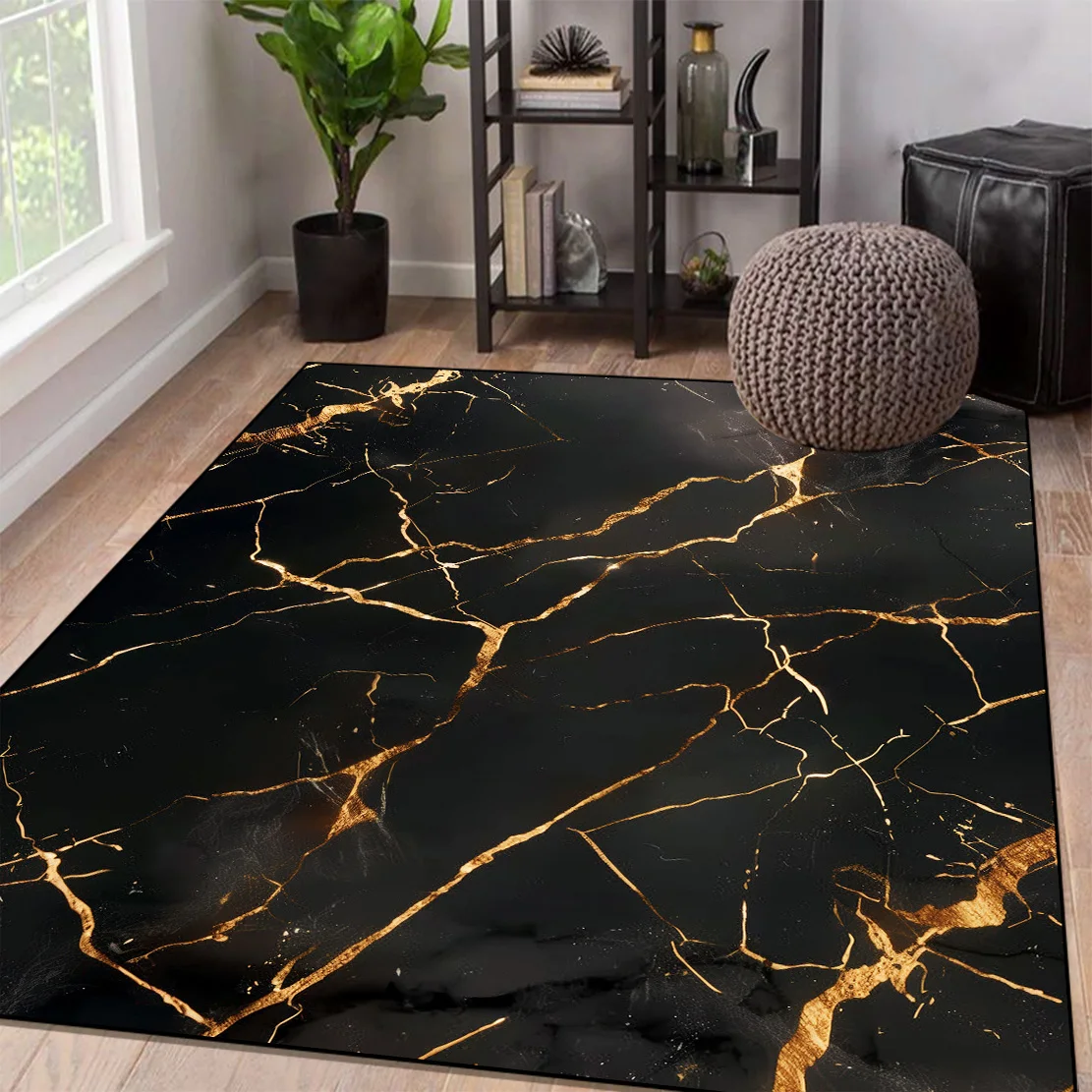 Light Luxury Marble Living Room Carpet Household Black Gold Decoration Coffee Table Rug Washable Bedroom Non-slip Soft Floor Mat