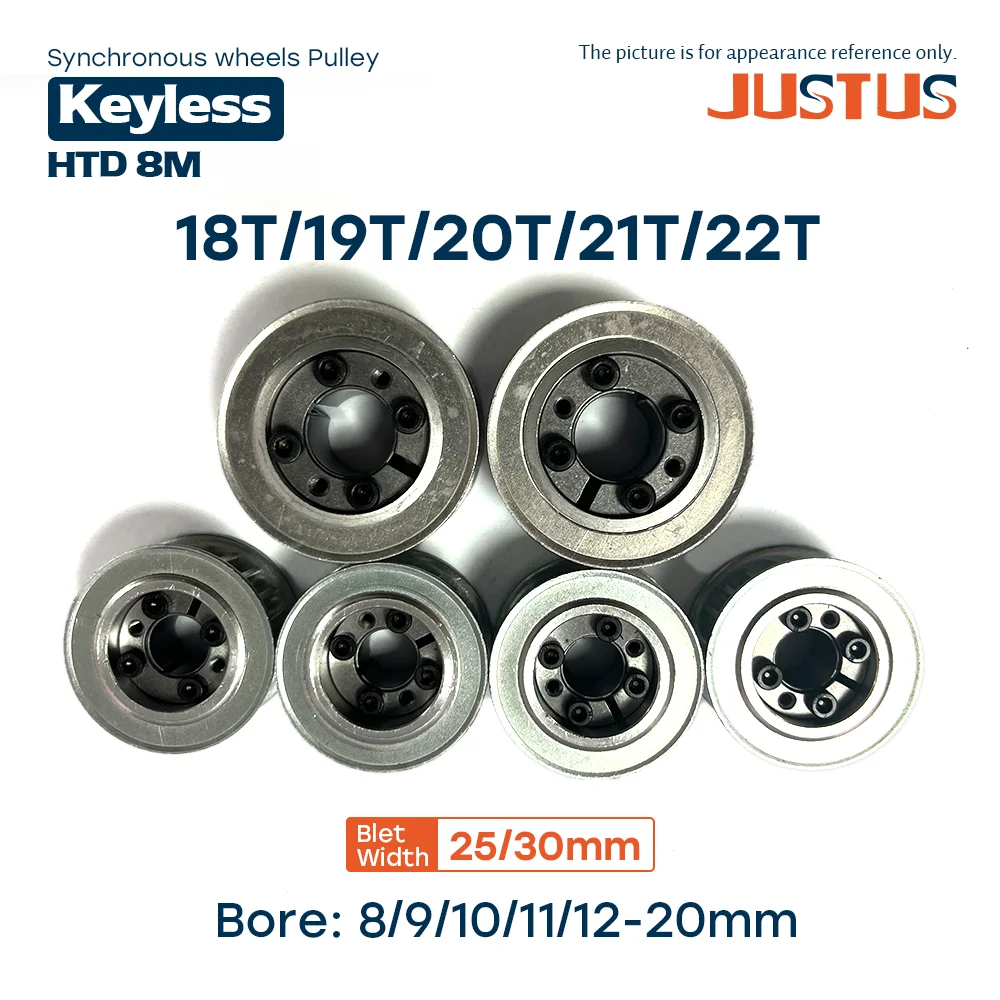 HTD 8M 18T/19T/20T/21T/22T Timing Pulley for Belt Width 25/30mm Keyless Bushing Bore 8/9/10/11/12/14/15/16/17/18/19/20mm