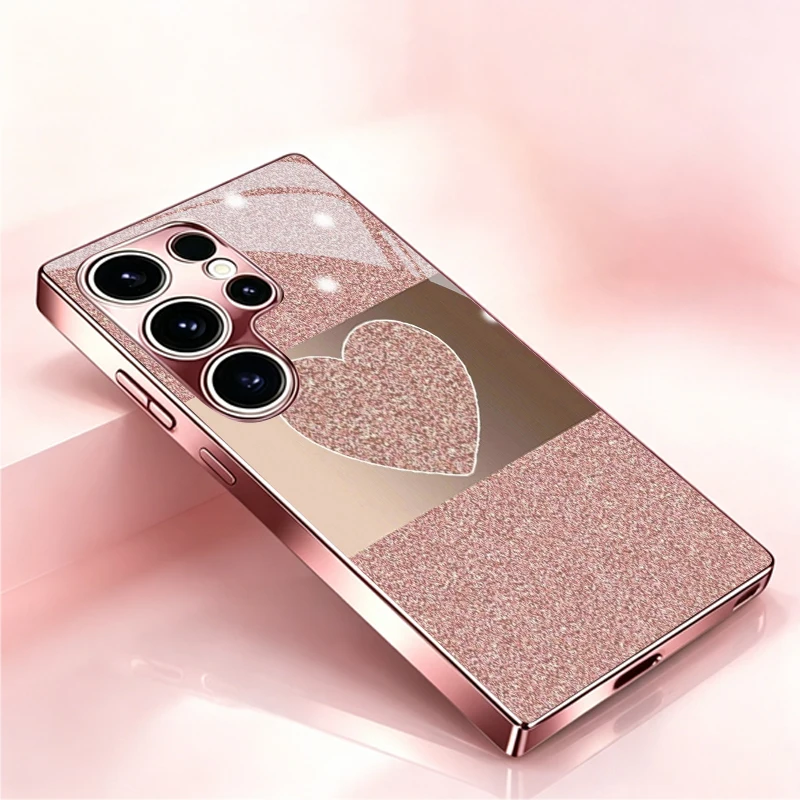 Rose Gold Glitter Heart Electroplated Pink Glass Phone Case For Samsung Galaxy S26 S25 Edge S24 S23 Ultra Plus FE S22 26FE Cover
