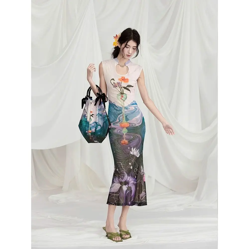 

Chinese Ink Oil Painting Design Vintage Flower Print Long Dress Women Summer Maxi Dresses sleeveless elegant y2k bodycon grunge