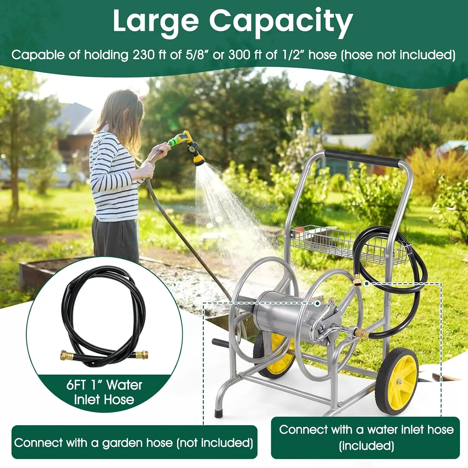 Garden Hose Reel Cart Holds 230ft 5/8