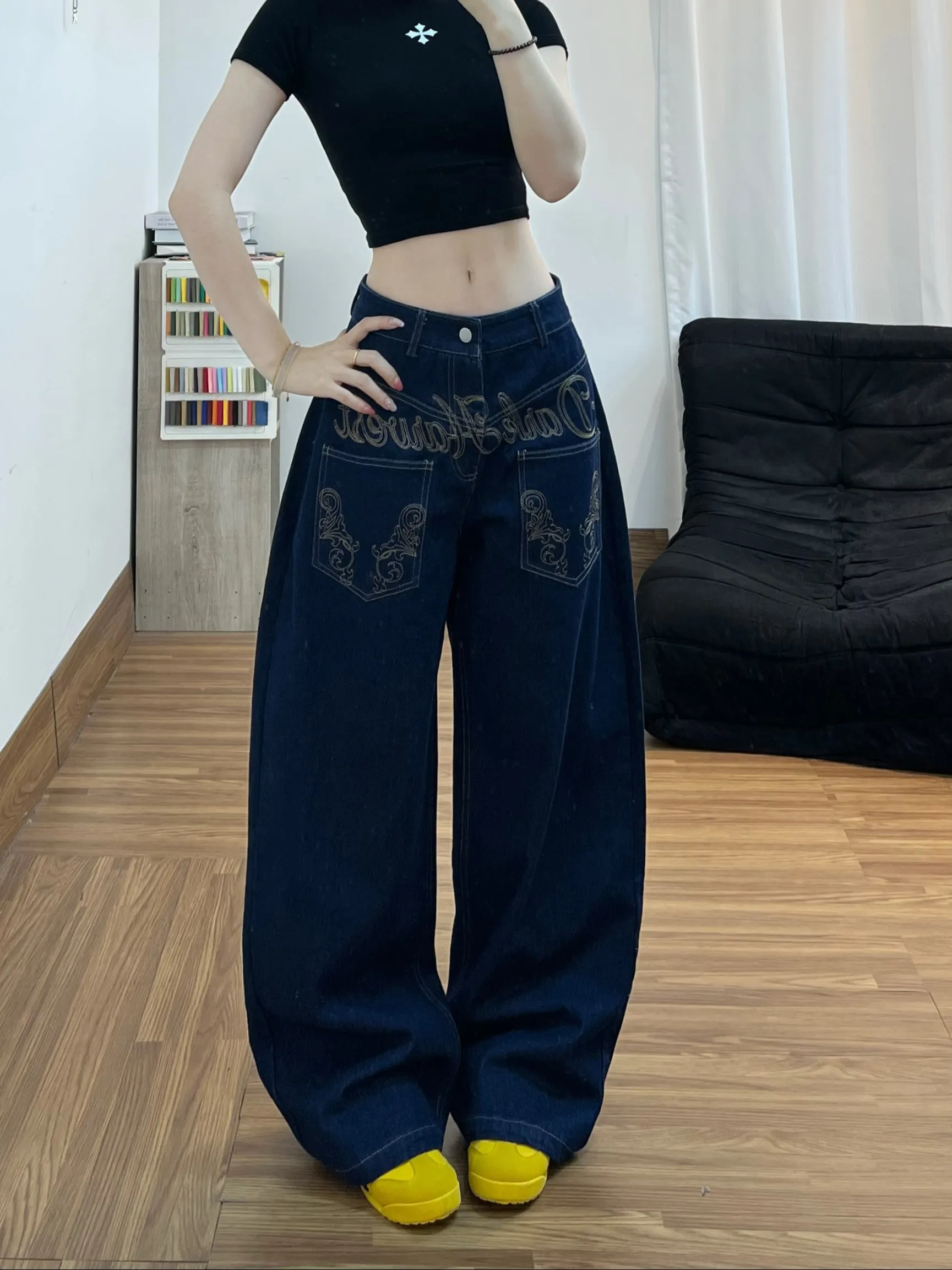 

American High Street Retro Letter Wings Embroidery Wide Leg Jeans Men Women Casual Loose Straight Casual Floor-Length Pants