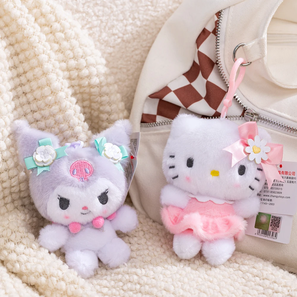 Sanrio Kawaii flor melodía Hellokitty Cinnamoroll Pachacco Purin Kuromi llaveros de felpa niñas bolsa teléfono coche llaveros de felpa