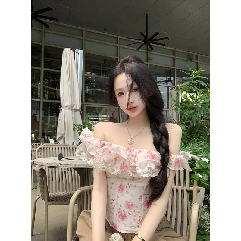 Vintage Cropped Floral Shirts Women Sexy Slash Neck Lace Blouses Summer Korean Elegant Ruffles Off Shoulder Slim Design Tops New - view 3