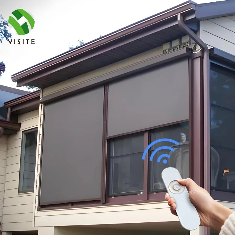 Motorized Outdoor Blinds Smart Waterproof PVC French Aluminum Electric Zip Track 7 Grade Wind Resistant Slats Zip Screen