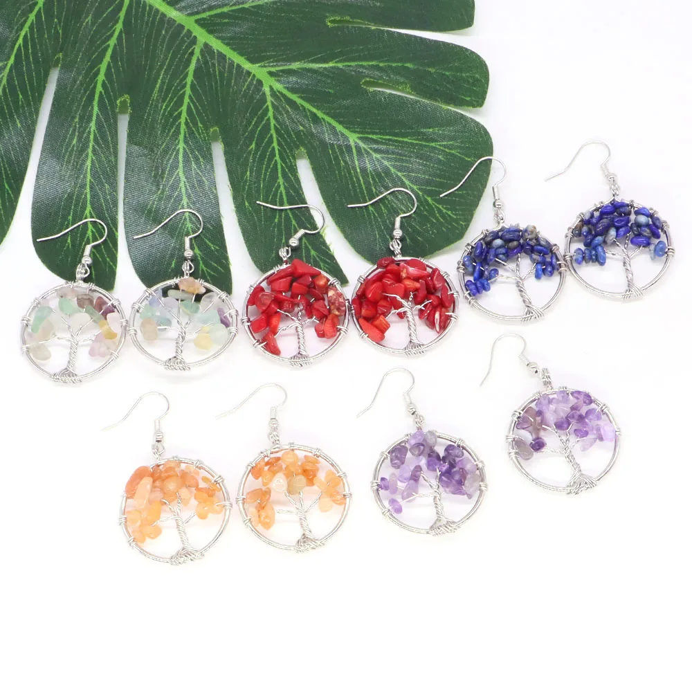 

Tree Of Life Earrings Natural Gravel Stone Amethyst Agate Crystal Healing Gems For Lady Girl Party Jewelry Love Gifts Wholesales