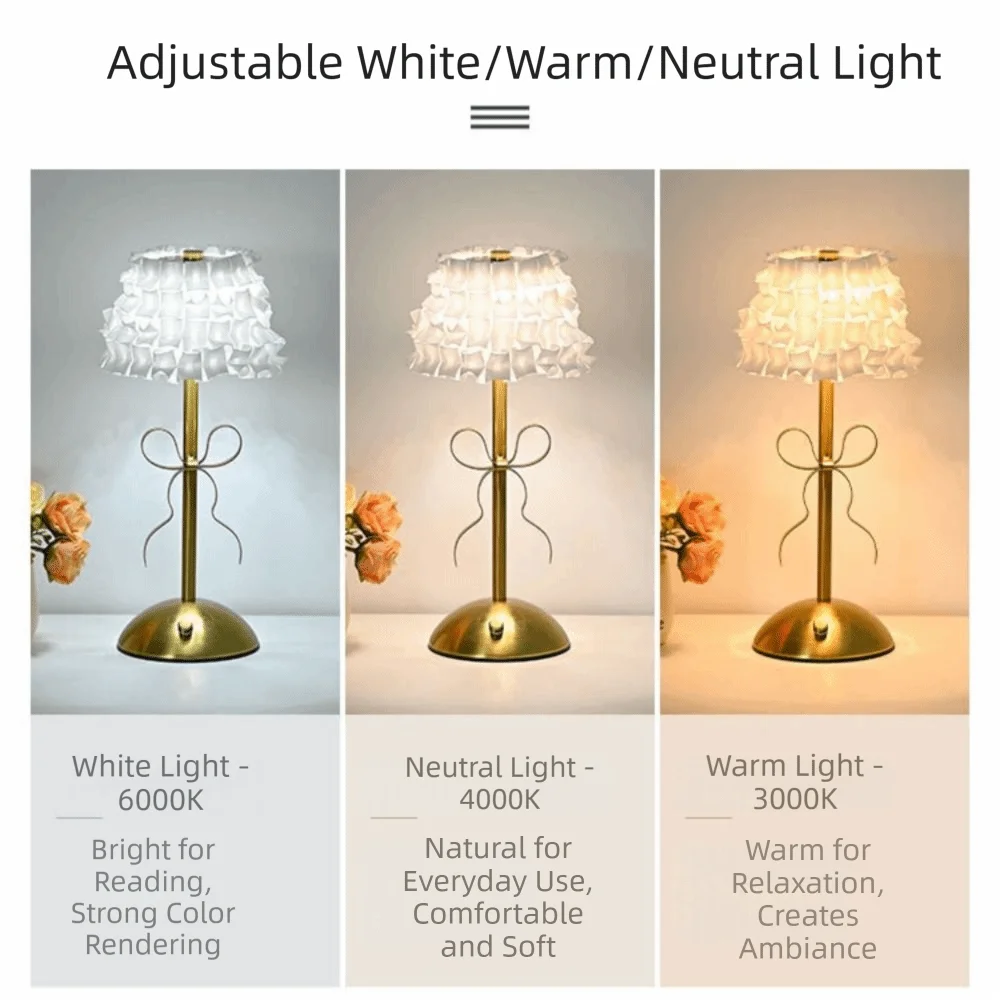 French Style Bow Table Lamp 3-color Changing Type-C Rechargeable Rechargeable Small Lamp Retro Artistic Luxury