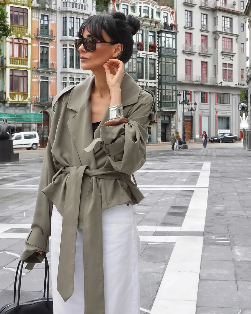 

Высококачественная ветровка с большими лацканами, ленивый повседневный стиль для женщин, темпераментное универсальное пальто на шнуровке, ветровка