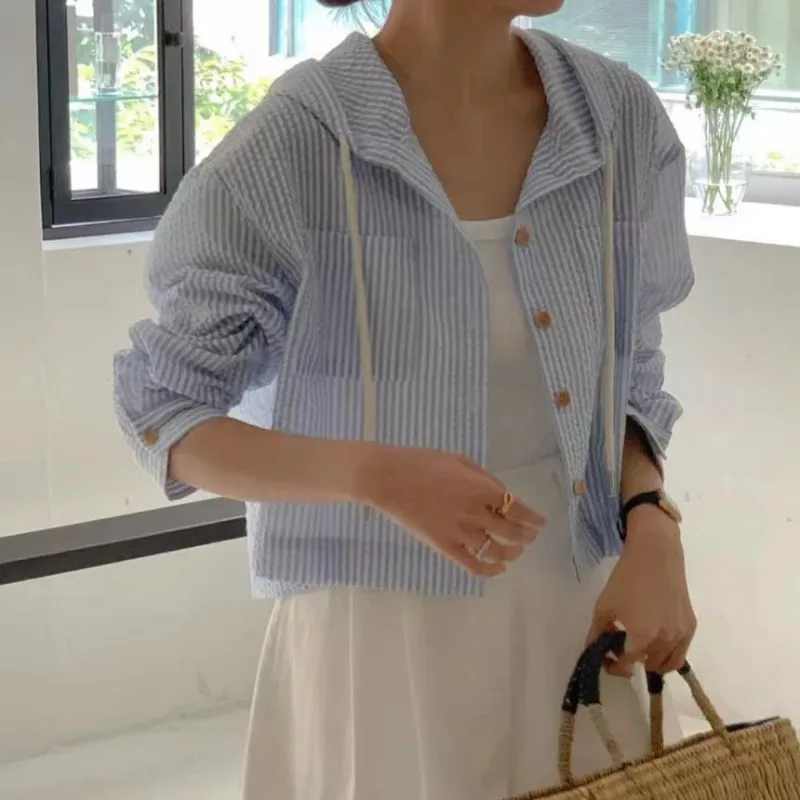 Summer Striped Loose Casual All-Match Short Long Sleeve Sun Protection Hooded Shirt Cardigan Top Korean Version Outfit for Women