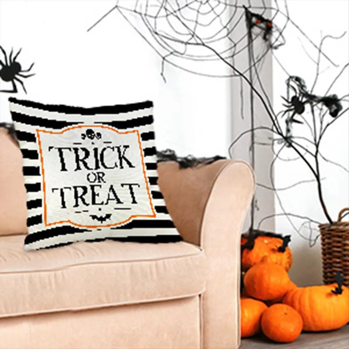 DT77 Pillow Covers 18x18 Inch Set of 4 Trick or Treat Pillow Covers Halloween Linen Sofa Bed Throw Cushion Cover Decoration