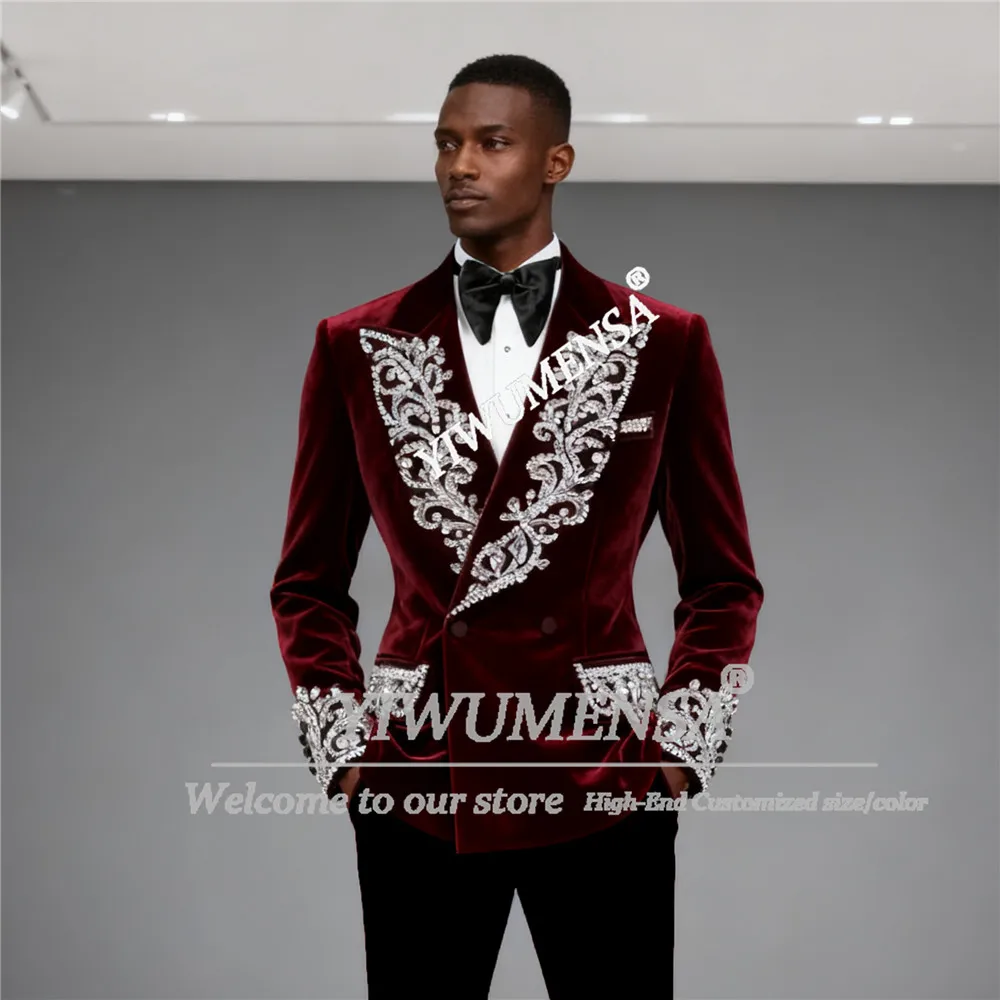 

Блестящие костюмы с кристаллами из бисера для мужчин, двубортные пиджаки для выпускного вечера, индивидуальные комплекты из 2 предметов, свадебные смокинги для жениха, наряды