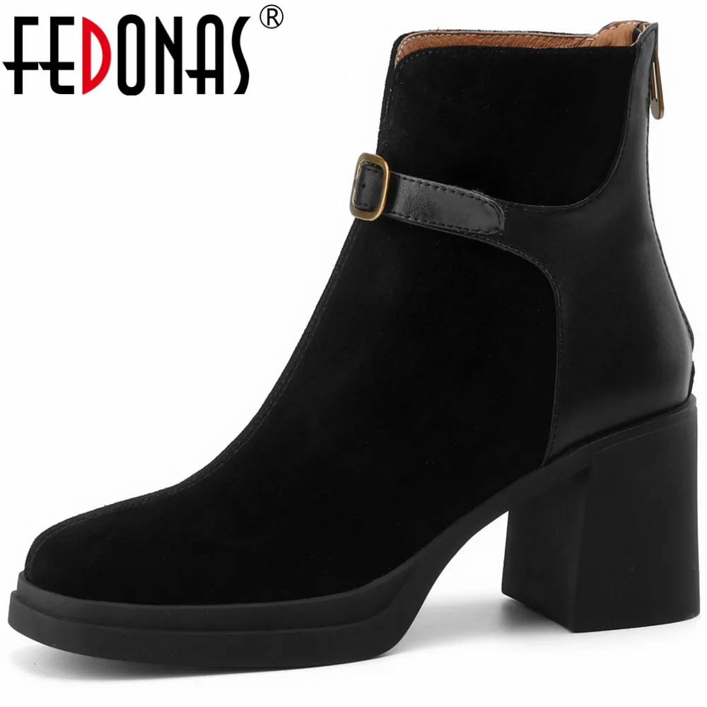 

FEDONAS Basic Women Ankle Boots Round Toe Chunky Heels Splicing Genuine Leather Autumn Winter Office Lady Working Shoes Woman