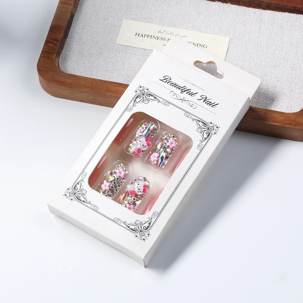 24Pcs Y2K Cartoon Glitter Pink False Nails HelloKitty Press On Nails with Rhinestone/Five-petal Flower French Deisgn for Wedding