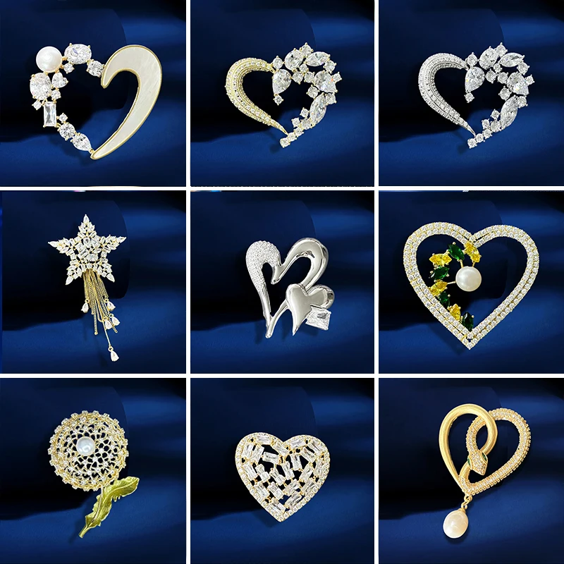 Exquisite Zircon Pearl Dandelion Brooches for Women Jewelry Temperament Shell Heart Shape Women Broche Coat Pins Accessories