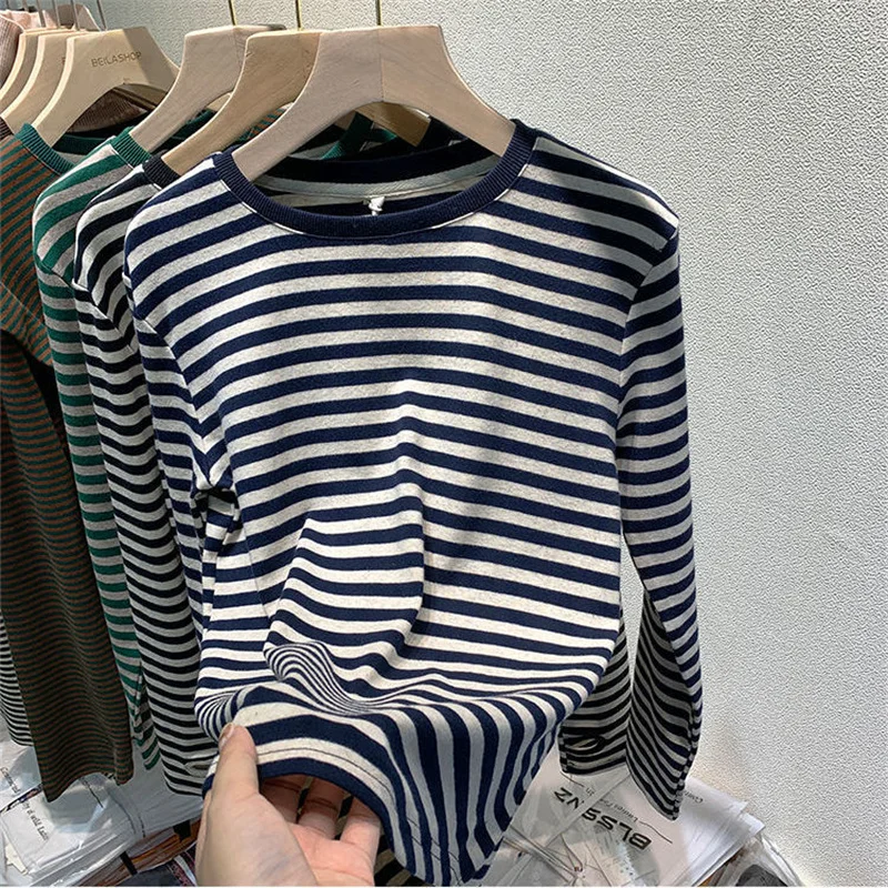 Green Stripe Women\'s Hot New Korean Cotton 2022 Loose Casual Basewear Striped Long Sleeve Tops All Match Basic Oversized Sweater