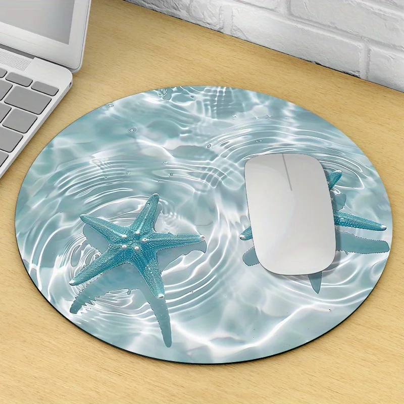 Starfish and Wave Design Round Mouse Pad, Waterproof and Anti-Slip Rubber, Blue Ocean Theme, Durable for Office and Home Use