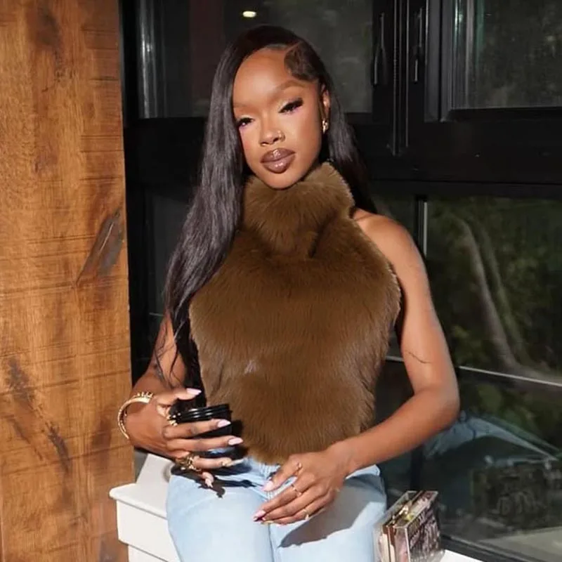 CUTENOVA Jesień/Zima Damska Seksowna Bluzka z Odkrytymi Ramionami, Imitacja Futra, Wiązana na Szyi, Bez Pleców, Bez Rękawów, z Dekoltem w Kształcie Litery U, Krótka Bluzka