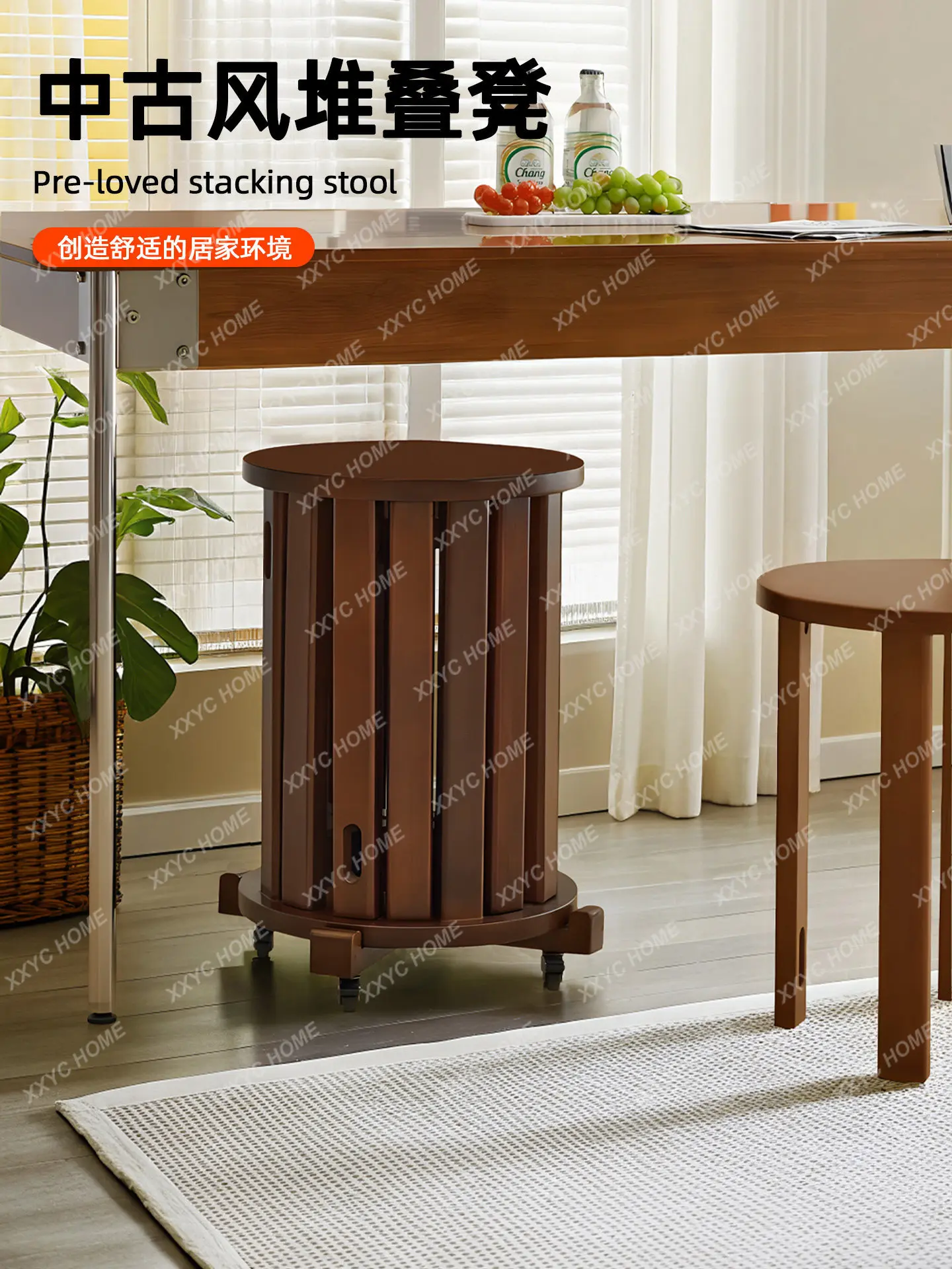 Solid wood stackable dining stools for small homes, round panel, for spare storage, vintage mid-century stackable stools