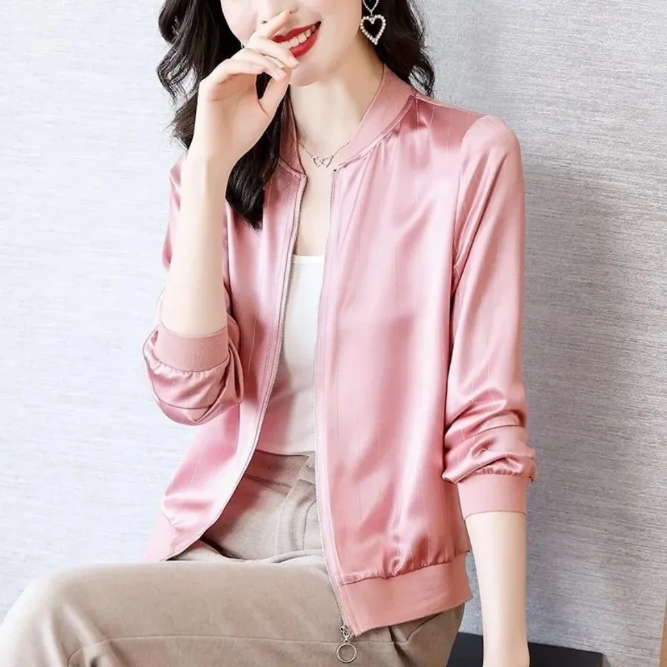 Bomber Jackets Summer Stripe Faux Silk Cropped Chaqueta Casual Long Sleeves Tops Women Korean Fashion Zipper Cardigan E768