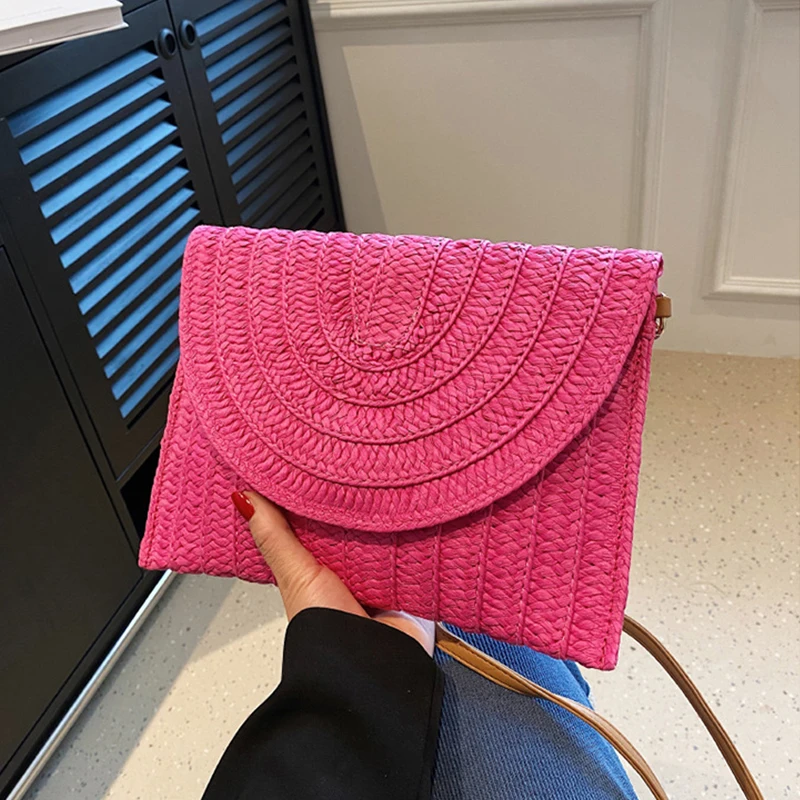 Summer Travel Beach Bag Straw Woven Clutch Bag Fashion Designer Crossbody Shoulder Bag for Women Handbag Ladies Wrist Wicker Bag