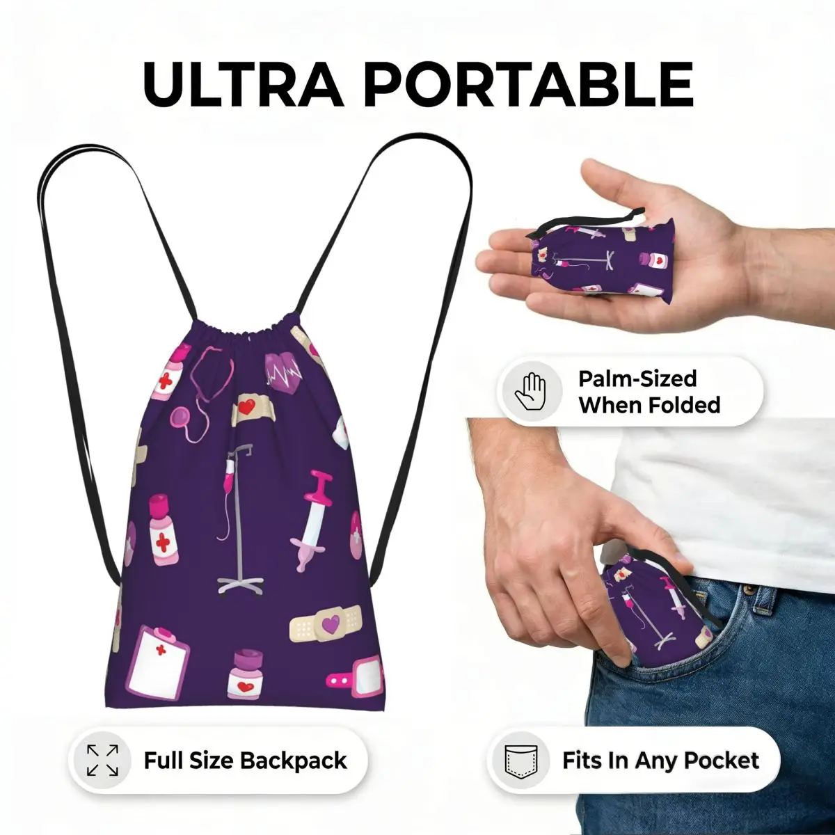 Hospital Medical Pattern Gift For Nursing Nurse Drawstring Backpack Sports Gym Bag Portable Travel Drawstring Bag for Men Women