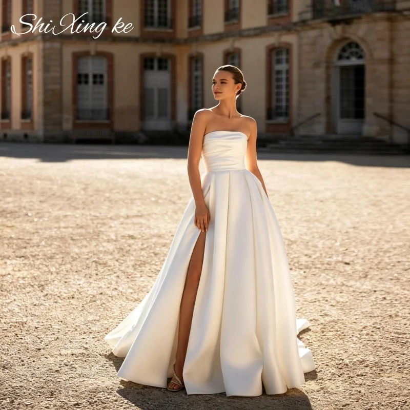Strapless Modern Satin Bridal Gown 2026 A‑line High Split Chapel Train Zipper Closure Wedding Gown Vestidos De Novia Customized