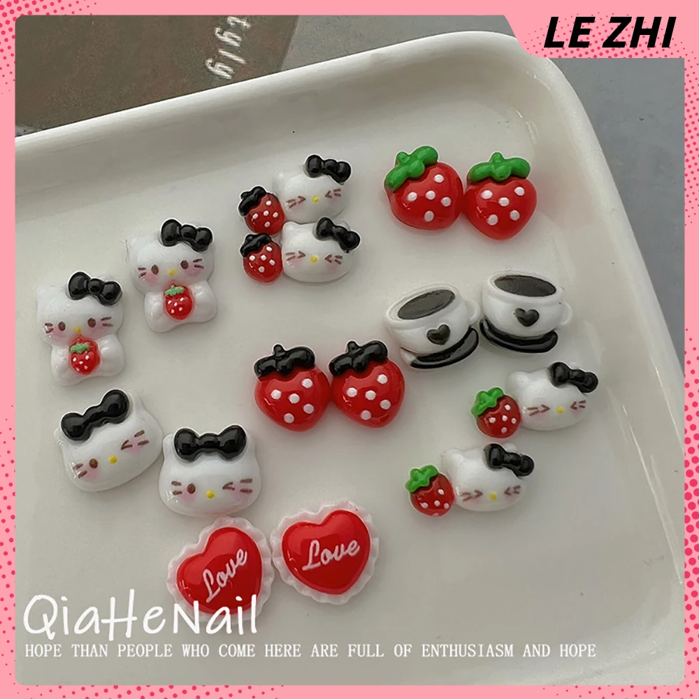 20Pcs Kawaii Sanrio Hello Kitty Strawberry Cartoon Nail Accessories Diy Love Kt Cat Nail Art Charm Party Sticker Decoration