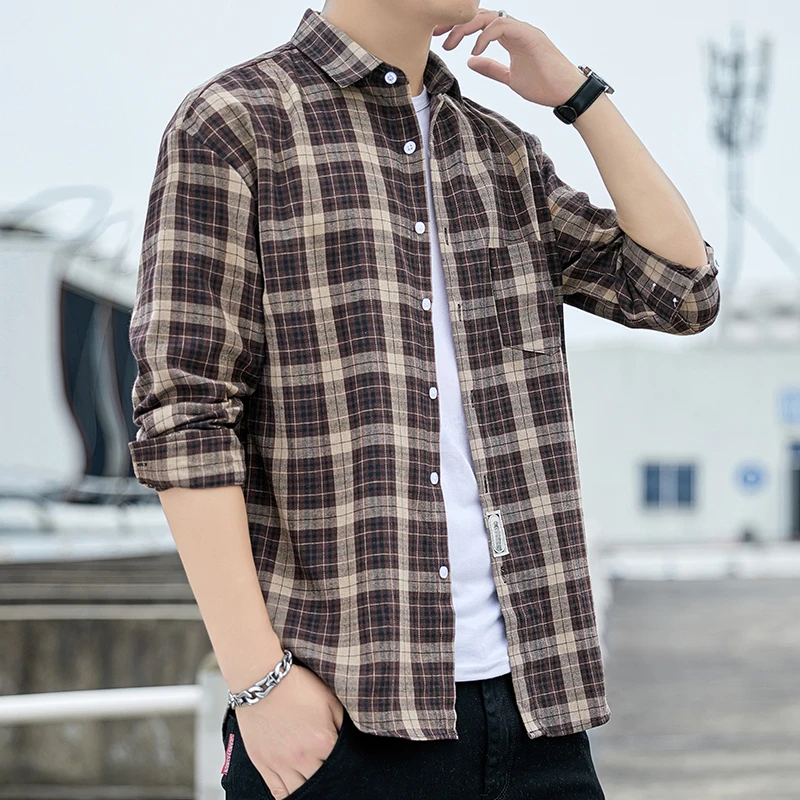 Men Long Sleeved Plaid Stripe Shirt 2024 Autumn Korea Youth Hip-hop Fashion Streetwear Loose Oversized Casual Shirt Men Clothing