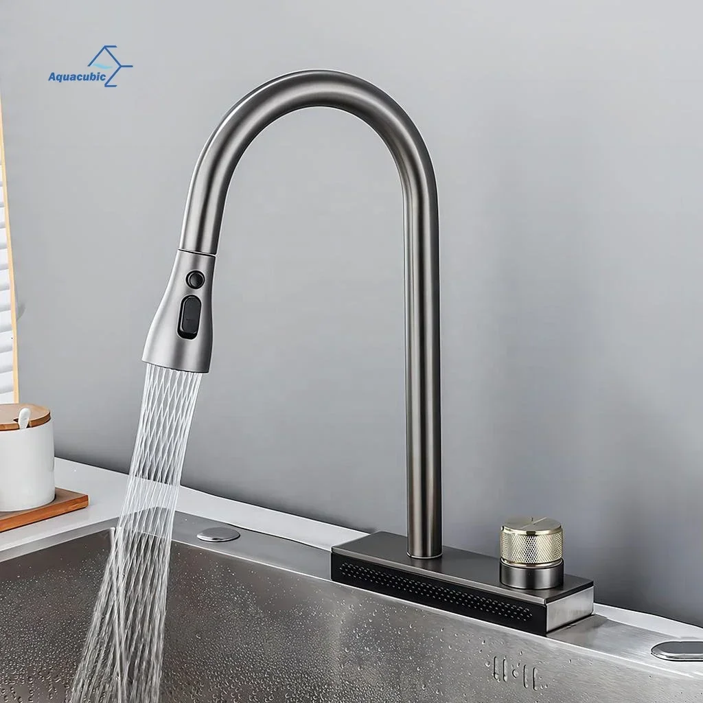 China Black Waterfall Kitchen Faucet with Pull Down Sprayer Sink Faucets Single Handle Grey Mixer Tap