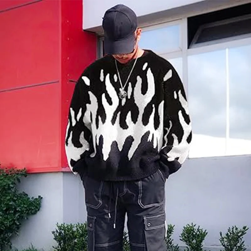 Men's Oversized Knitted Sweaters Hip Hop Funny Letters Printed Jumpers Harajuku Casual Loose O-Neck Pullover Unisex Streetwear