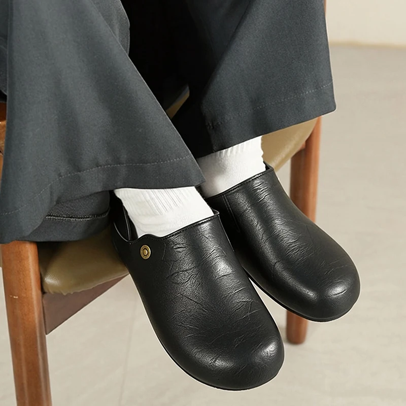 Vintage Two-Way Wear Closed-Toe Half-Slip Leather Shoes for Men, Slip-On Mules with Heel That Can Be Stepped On, Soft Leather Wide-Toe Flat Casual Slippers, Versatile Loafers for Commuting