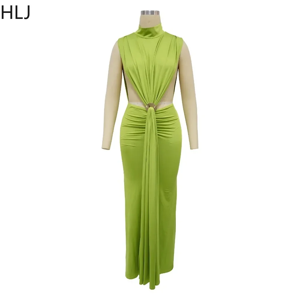 HLJ Elegant Long Maxi Dress Womens Turtleneck Ruched Side Hollow Bodycon Evening Party Dress Female Formal Solid color Vestidos