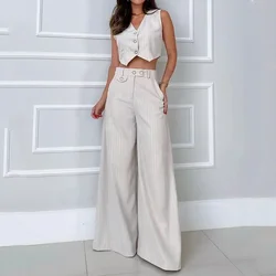 Striped Vest Top & Cuffed Pants Set Women Pant Sets Wide Leg Two Piece Suit Single Breasted High Waist Elegant Trousers Suits