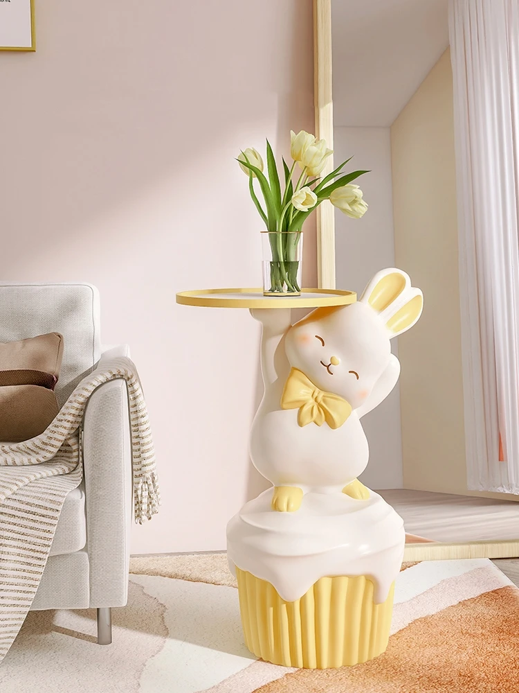 Room Decor Happy Rabbit Statue Floor Tray Ornament Creative Living Room Large Decorative Cartoon Side Table Home Decor Sculpture