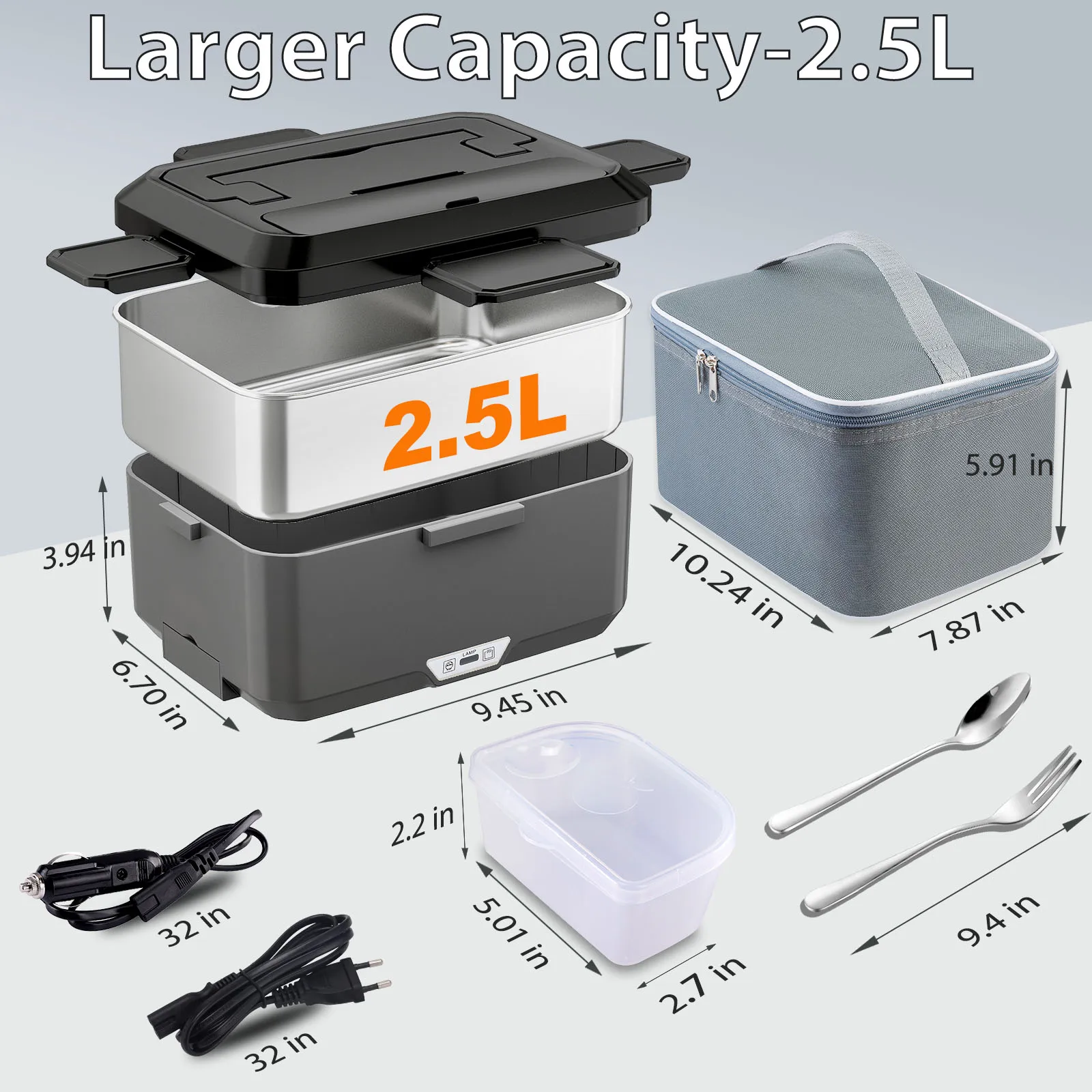 Dual Compartment Electric Heating Lunch Box, Portable Stainless Steel Food Warmer, 12V/24V Car & 110V Home Dual Use Heated Bento Box with Insulated Carry Bag, Spoon & Fork Tableware