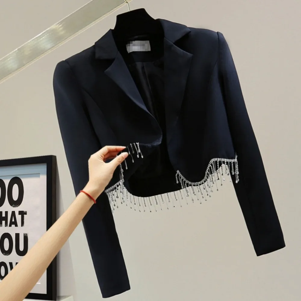 Women Autumn Winter Blazer Jacket Tassel Rhinestone Short Slim Fit High Waist Open Front Casual Chic Minimalist Versatile New