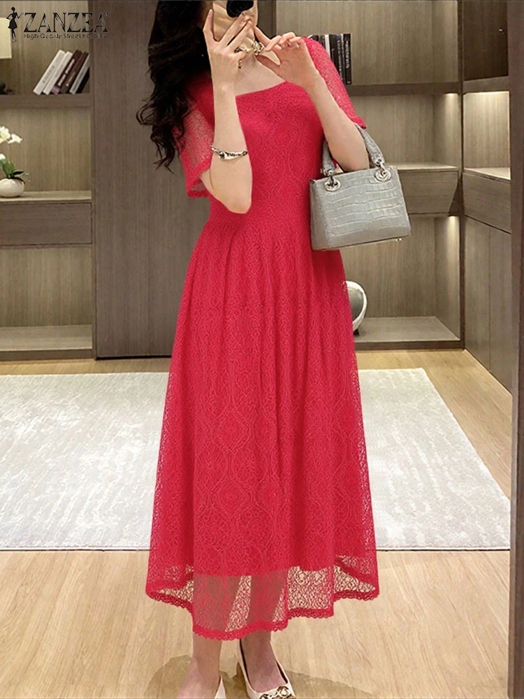 ZANZEA Women Lace Maxi Dress 2025 Summer Office Sundress Fashion Square Neck Solid Elegant Vestidos Casual Short Sleeve Robe