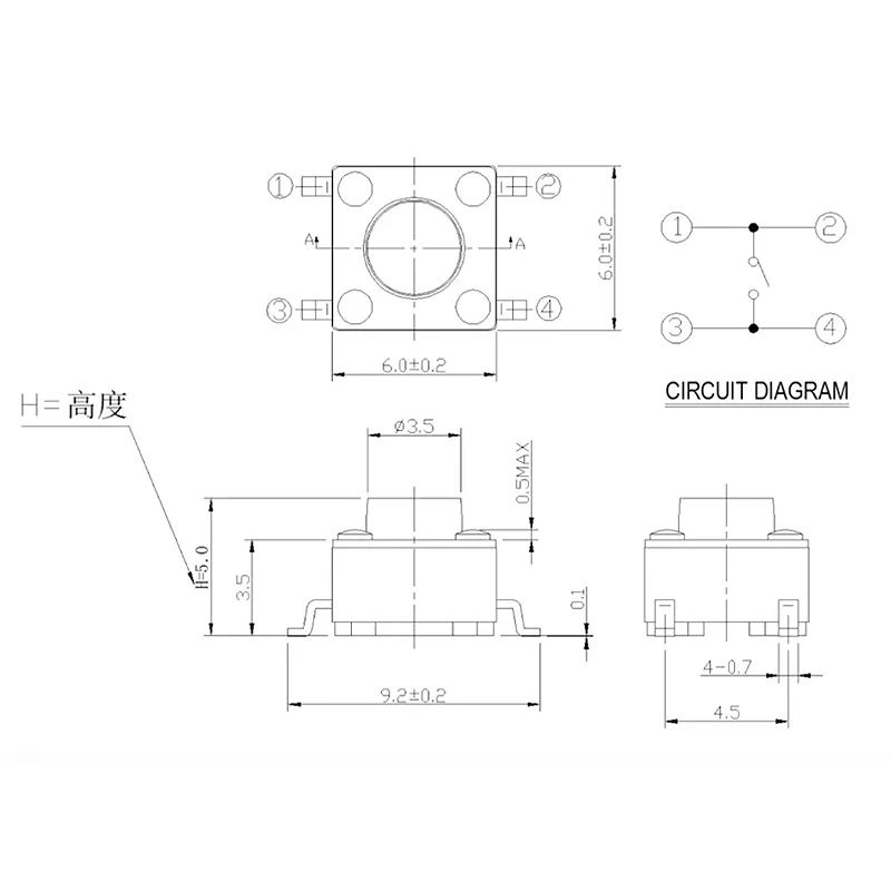 6 x 6 mm SMD-Druckknopf-Taktschalter, 4-polig, 6 x 6 x 4,3/4,5/5/5,5/6/6,5/7,5/8/8,5/9/9,5/10/10,5/11/11,5/12/14 mm Touch-Taktile Schalter – Detail 4